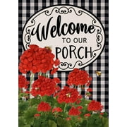 Jbralid Home Decorative Welcome to Our Porch Geranium Spring Summer Garden Flag, Red Flower Black White Buffalo Plaid Check House Yard Outside Decoration Decor 12x18